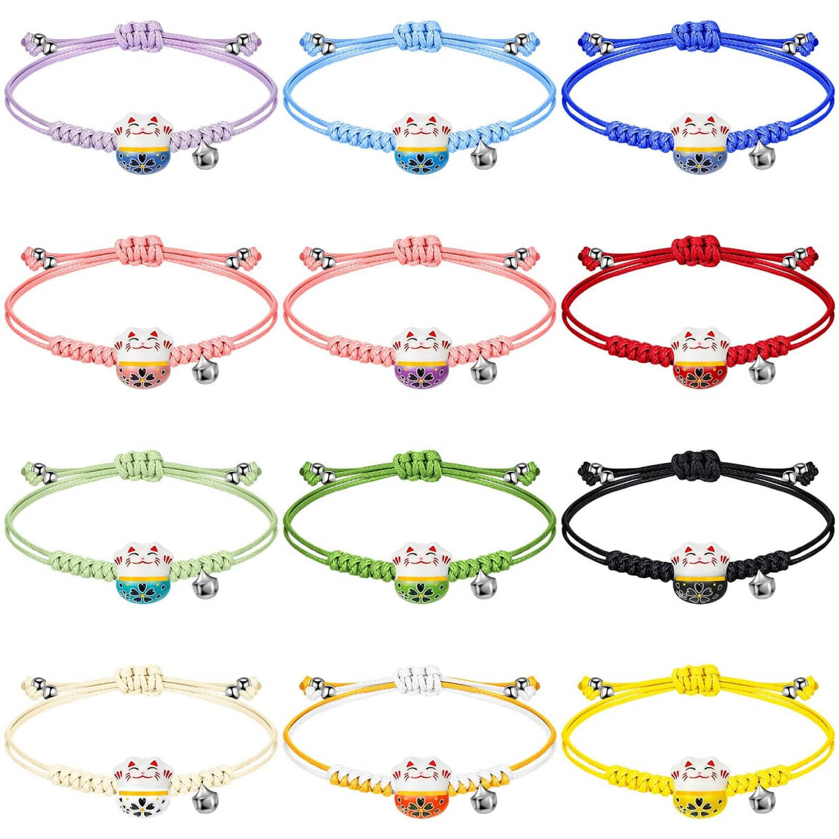 Adjustable braided lucky cat bracelet set with colorful charms and heart toggle beads