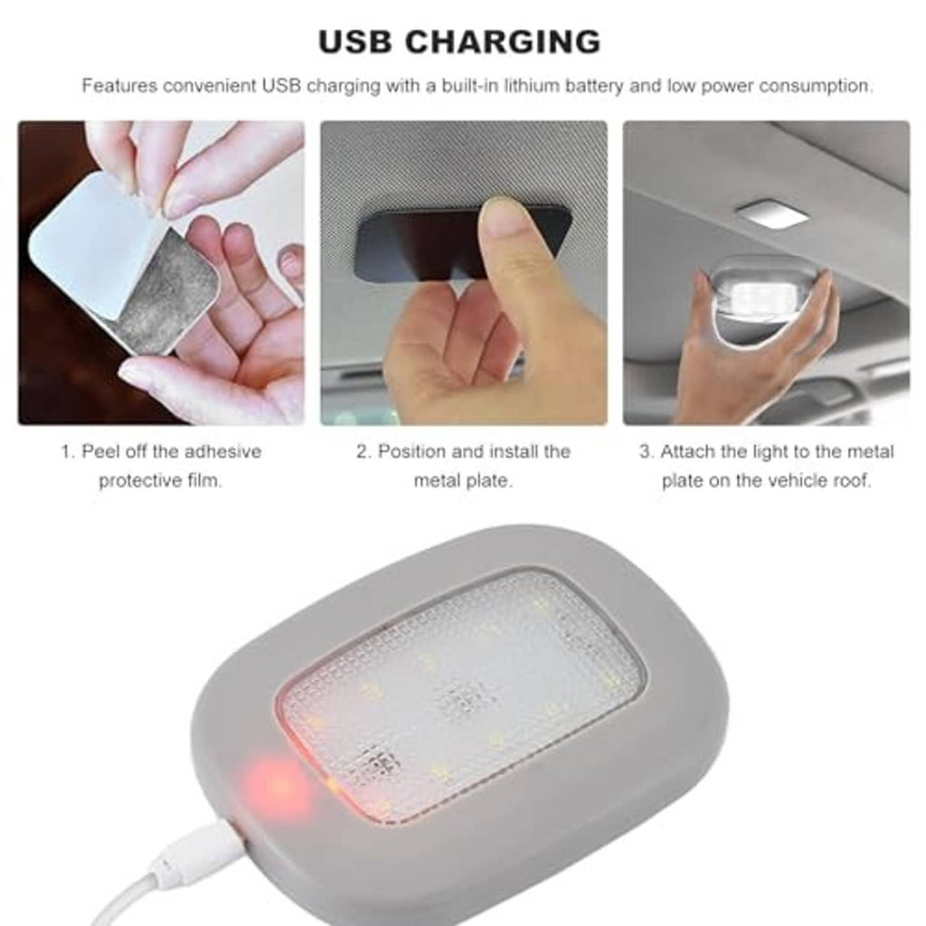 Gray rechargeable car dome light with rectangular LED lens and USB power cable