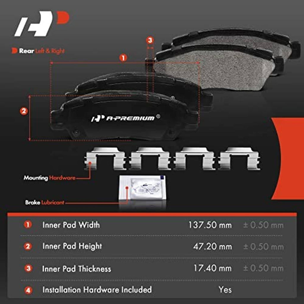 Rear ceramic brake pads with mounting hardware and dimension chart overlay