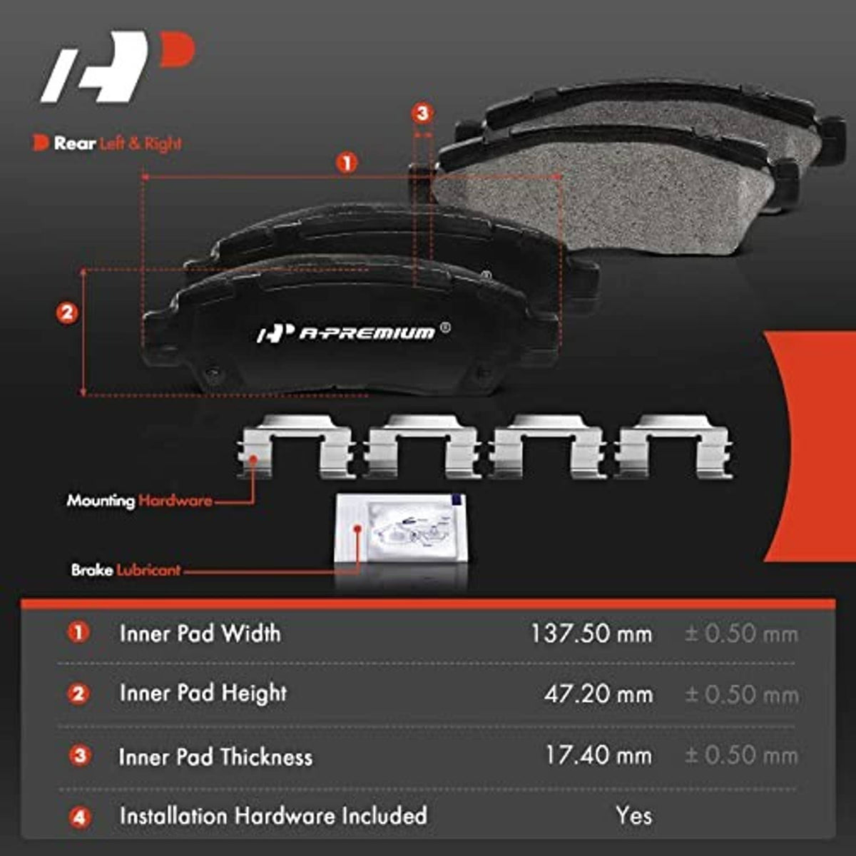 Rear ceramic brake pads with mounting hardware and dimension chart overlay