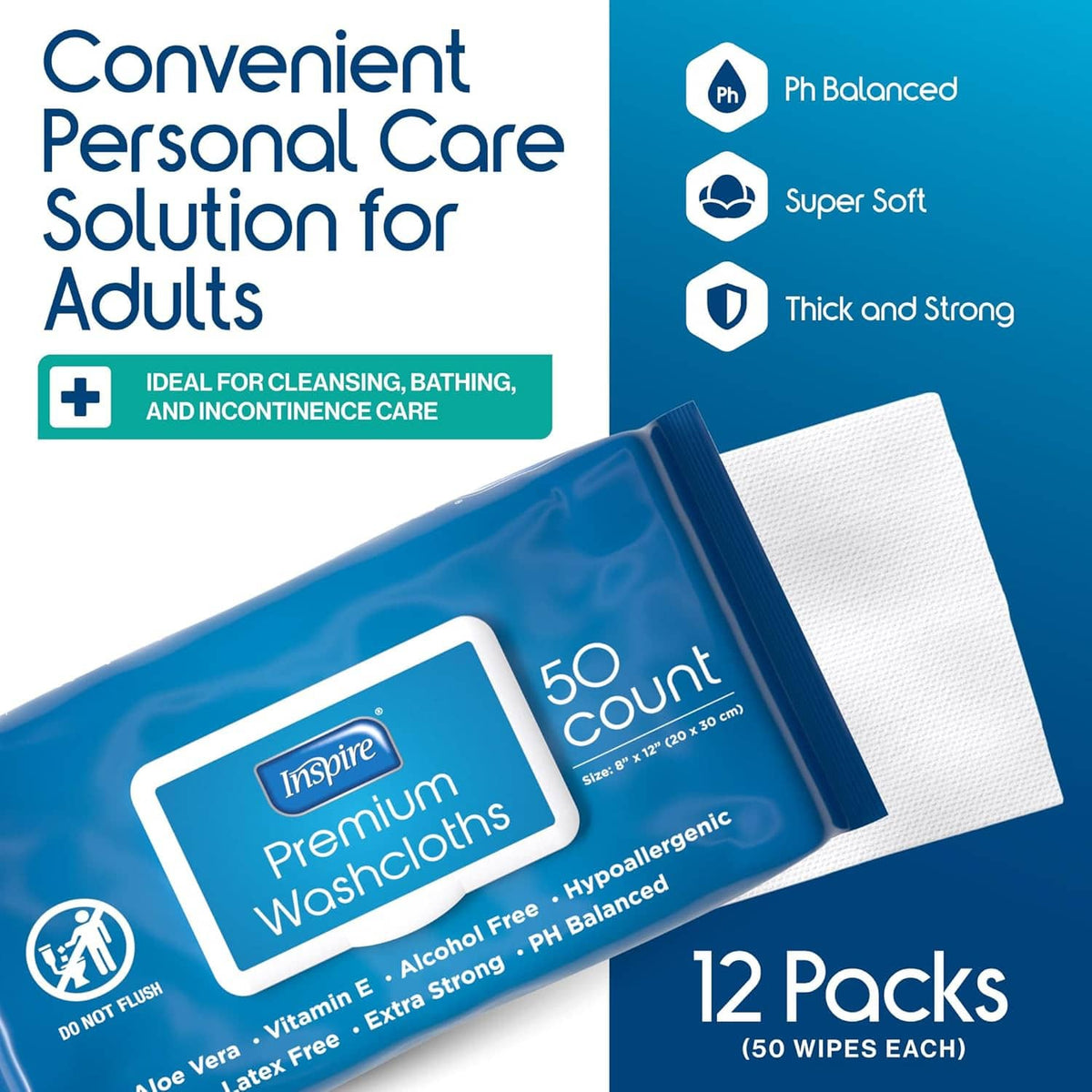 Adult personal care washcloth wipes pack with folded white wipe in blue pouch
