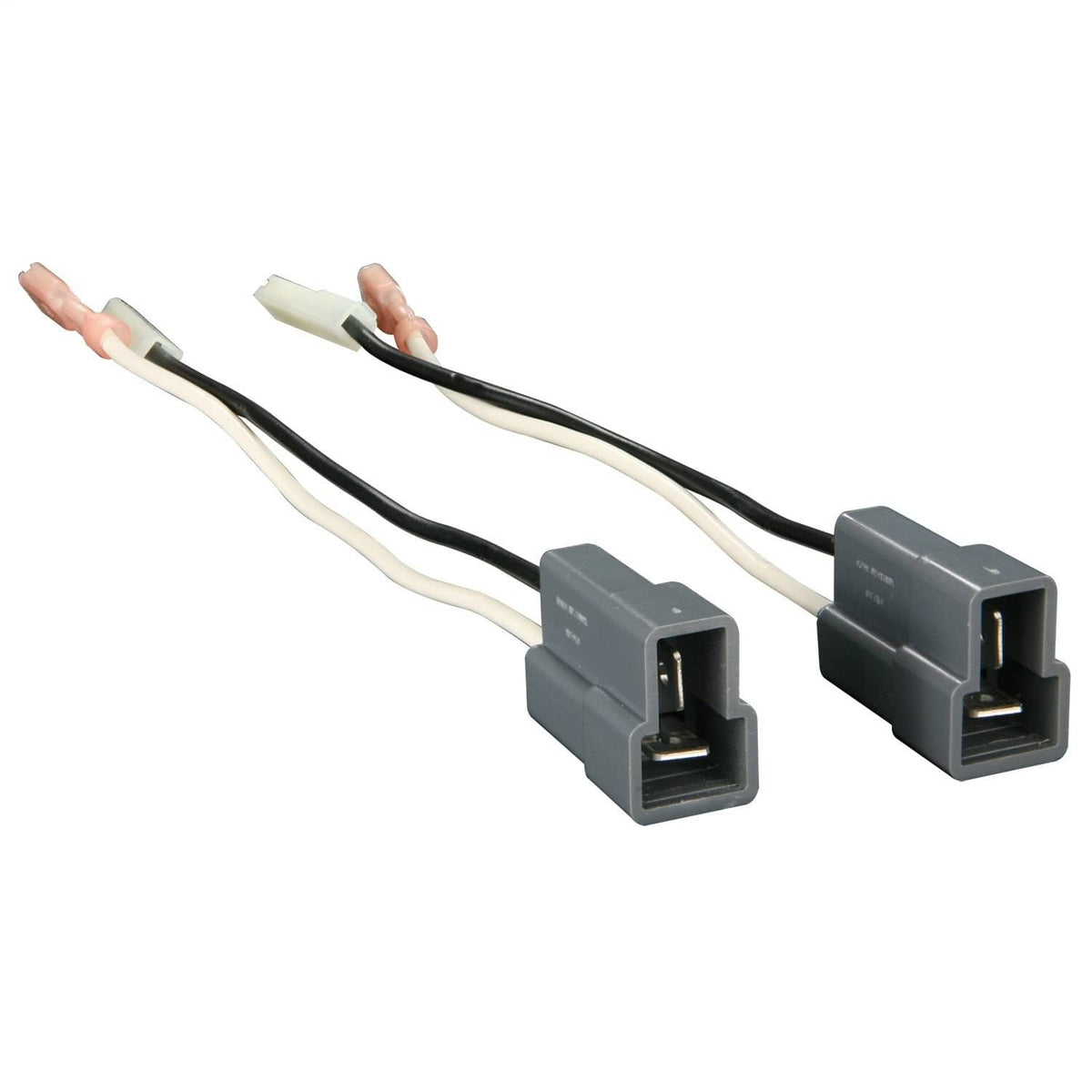 Double-DIN wiring harness with two gray speaker connector blocks and black wire leads