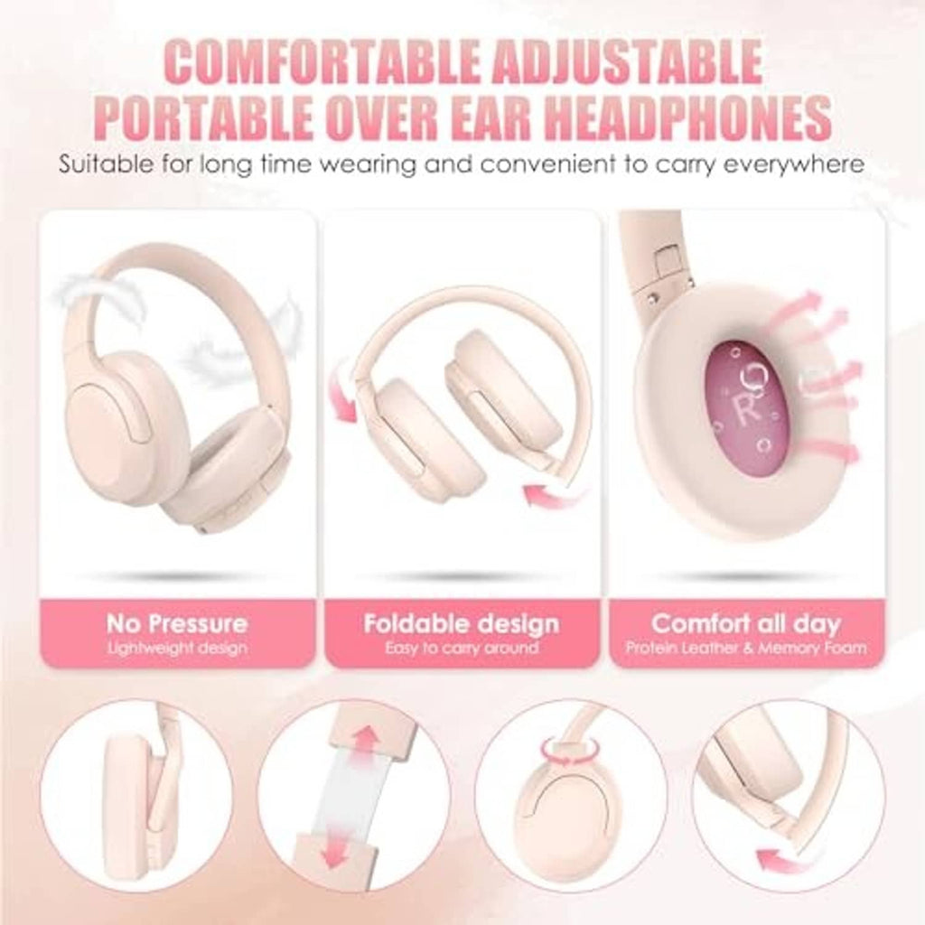 Light pink foldable over-ear wireless headphones shown from multiple angles