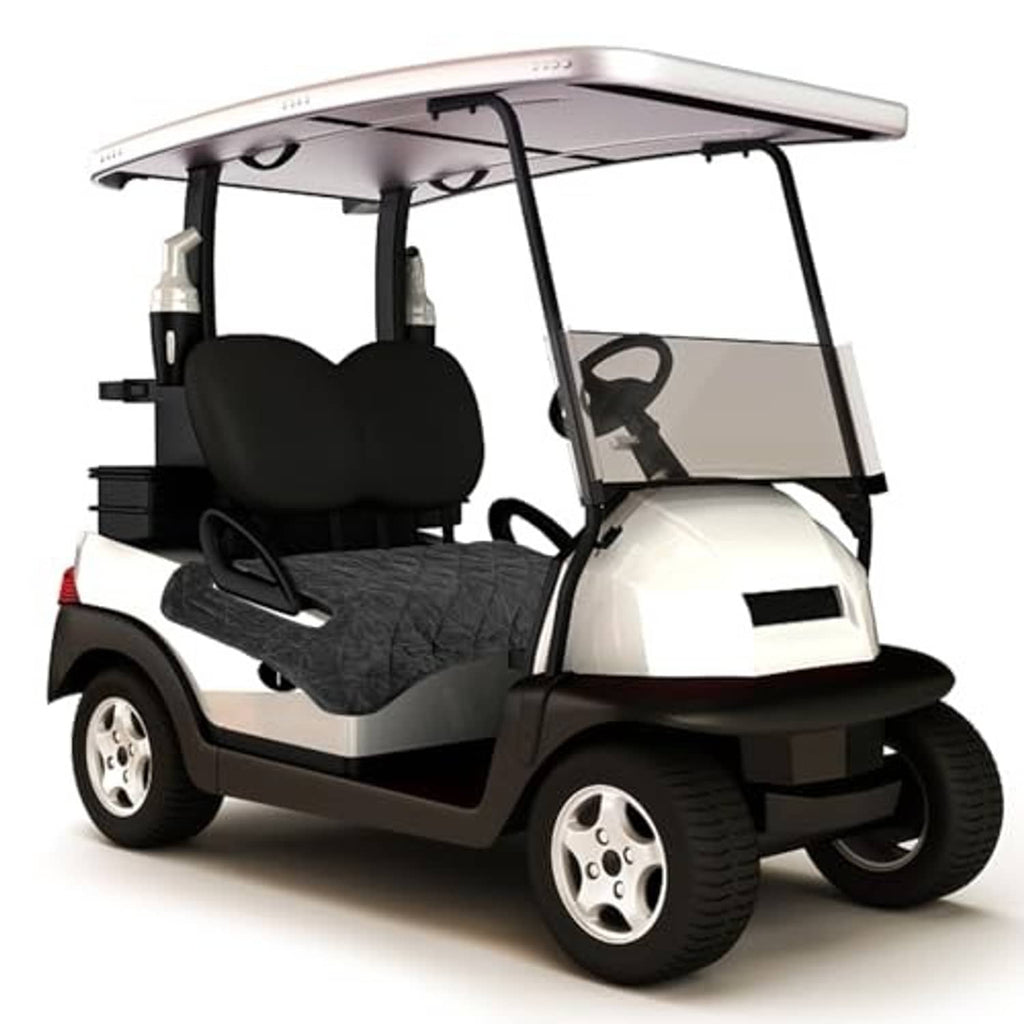 Black quilted golf cart seat cover on rear bench with shaped side openings