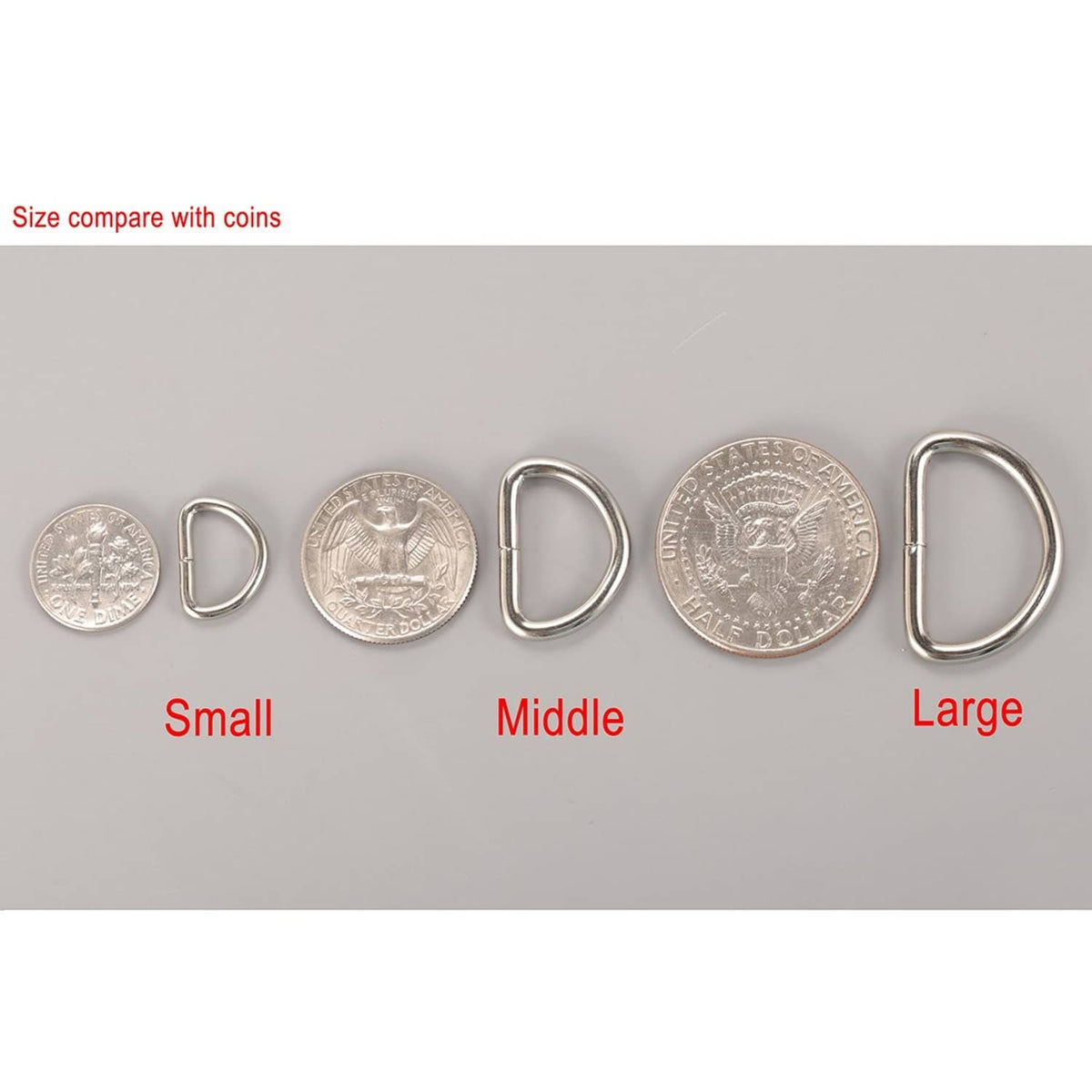 Nickel-plated D-rings shown with coin size comparison, metal loop buckles
