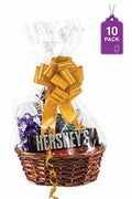 Clear cellophane basket bag with crinkled top wrap and tied bow on a gift basket