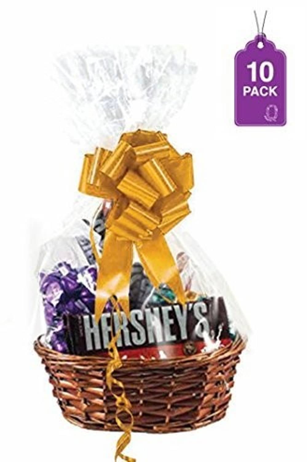 Clear cellophane basket bag with crinkled top wrap and tied bow on a gift basket