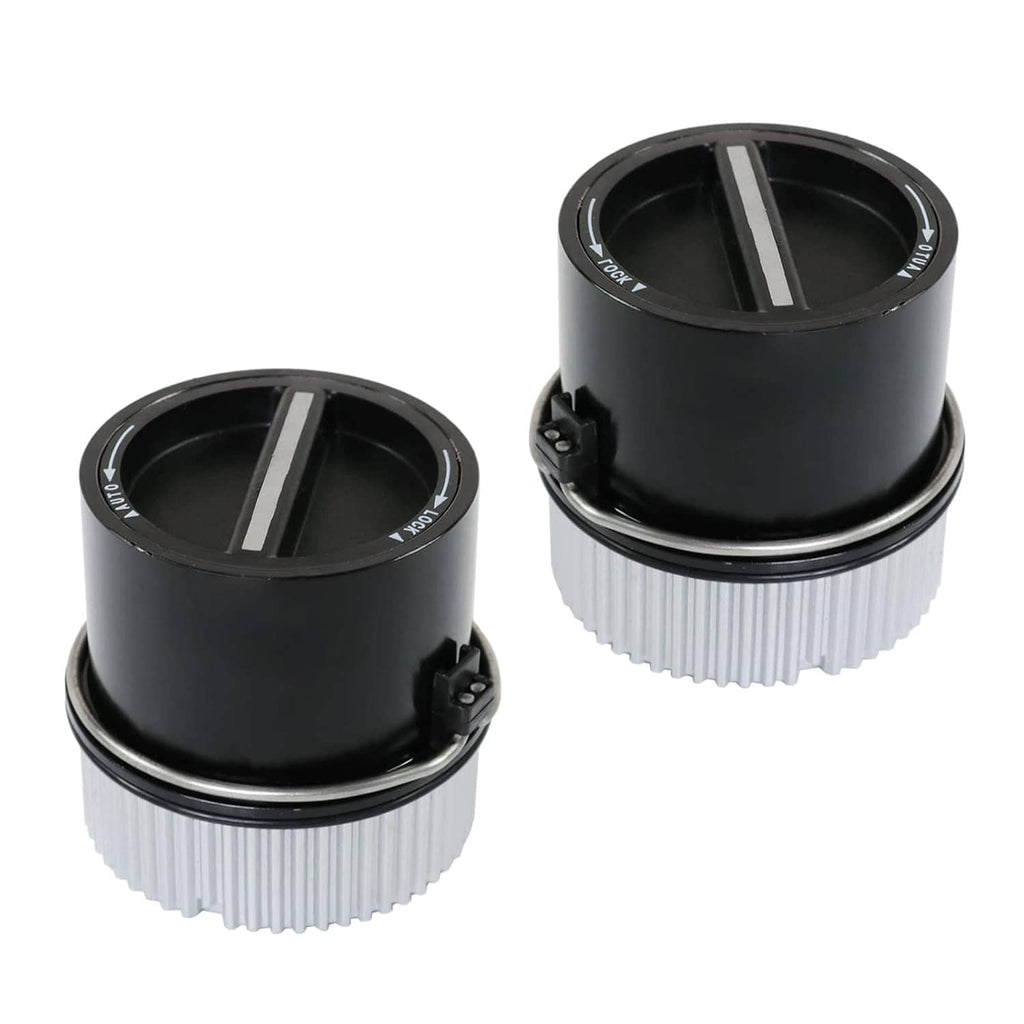 Black auto-locking front hub pair with silver ribbed ring and locking clip