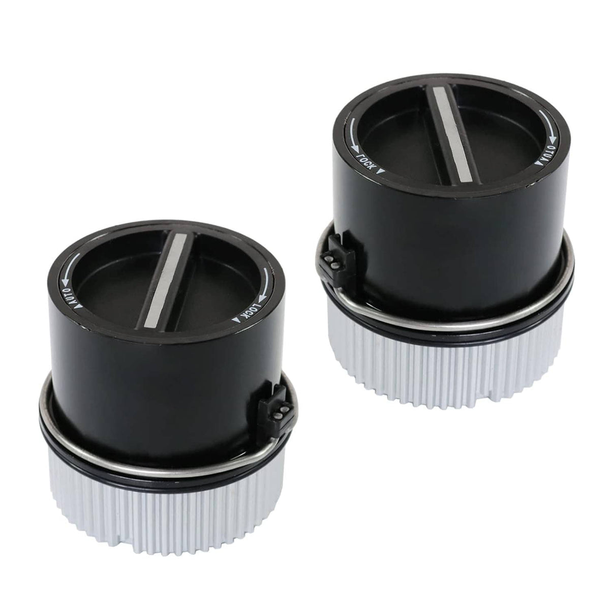 Black auto-locking front hub pair with silver ribbed ring and locking clip