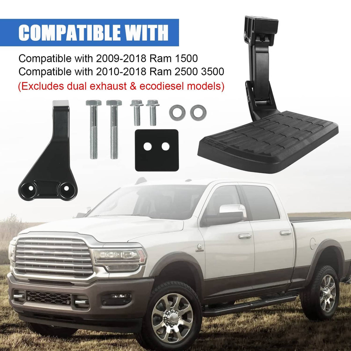 Rear tailgate retractable step mounted under bumper with black ribbed foot pad