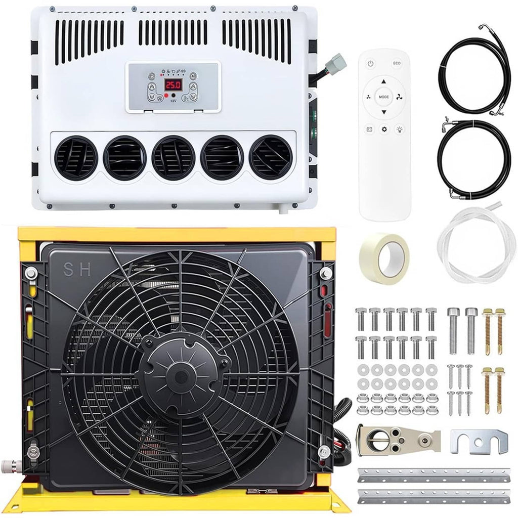 White indoor air conditioner unit with multiple round vents, plus remote and cable set