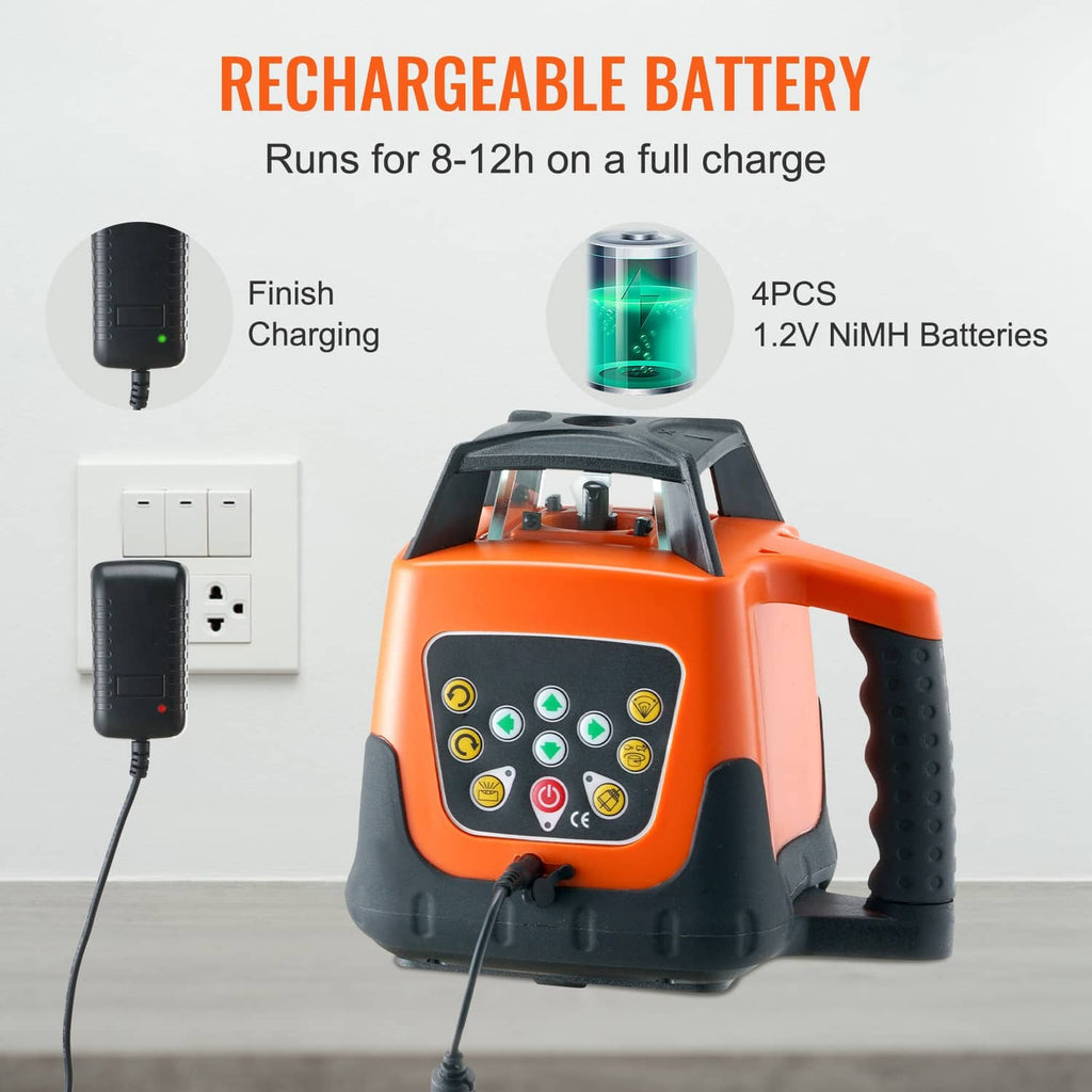 Orange rechargeable rotary laser level with charging battery and AC adapter