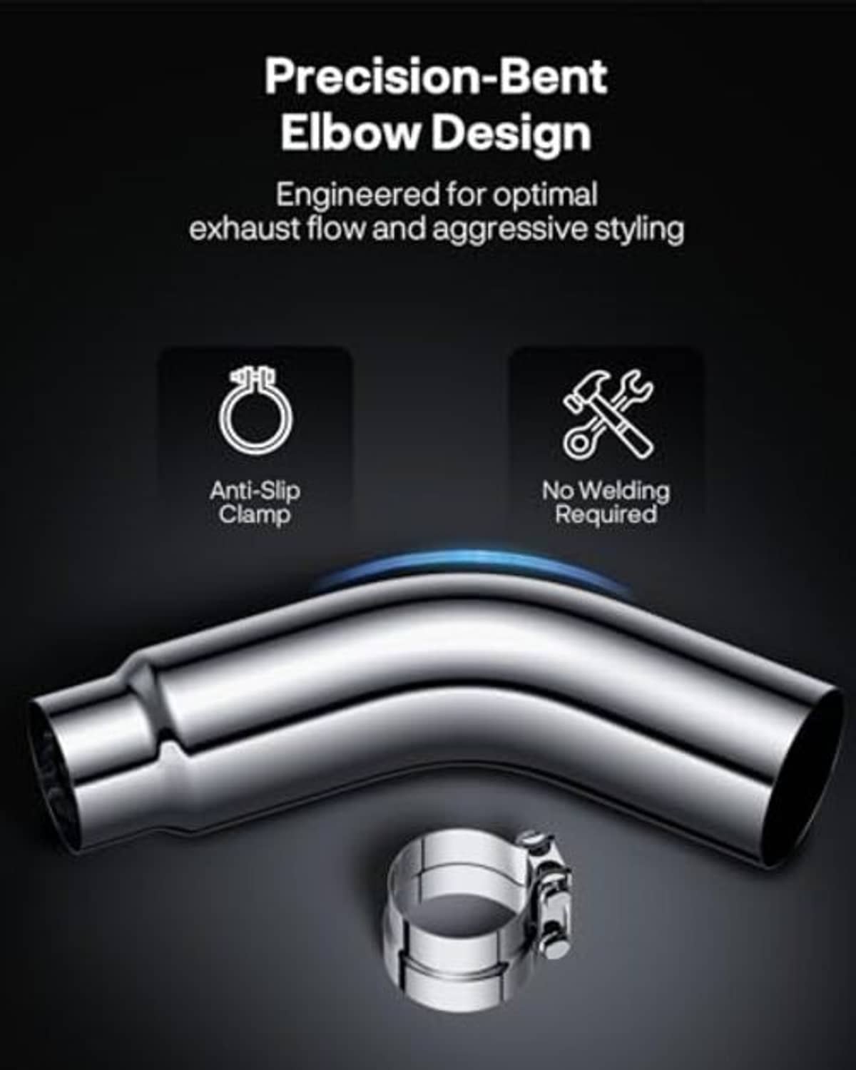 Chrome precision-bent exhaust elbow design with clamp, rounded black outlet openings