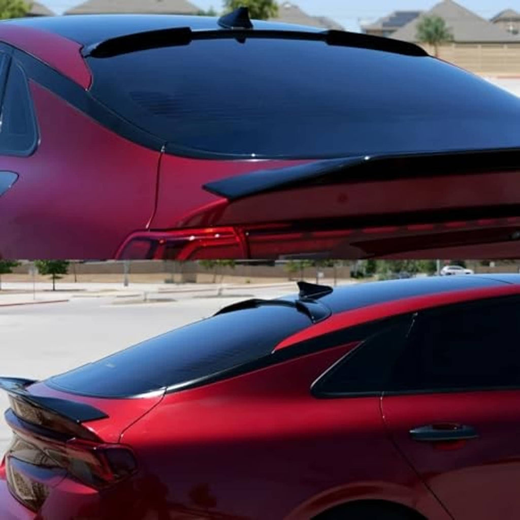 Black duckbill roof spoiler installed near rear window, glossy finish