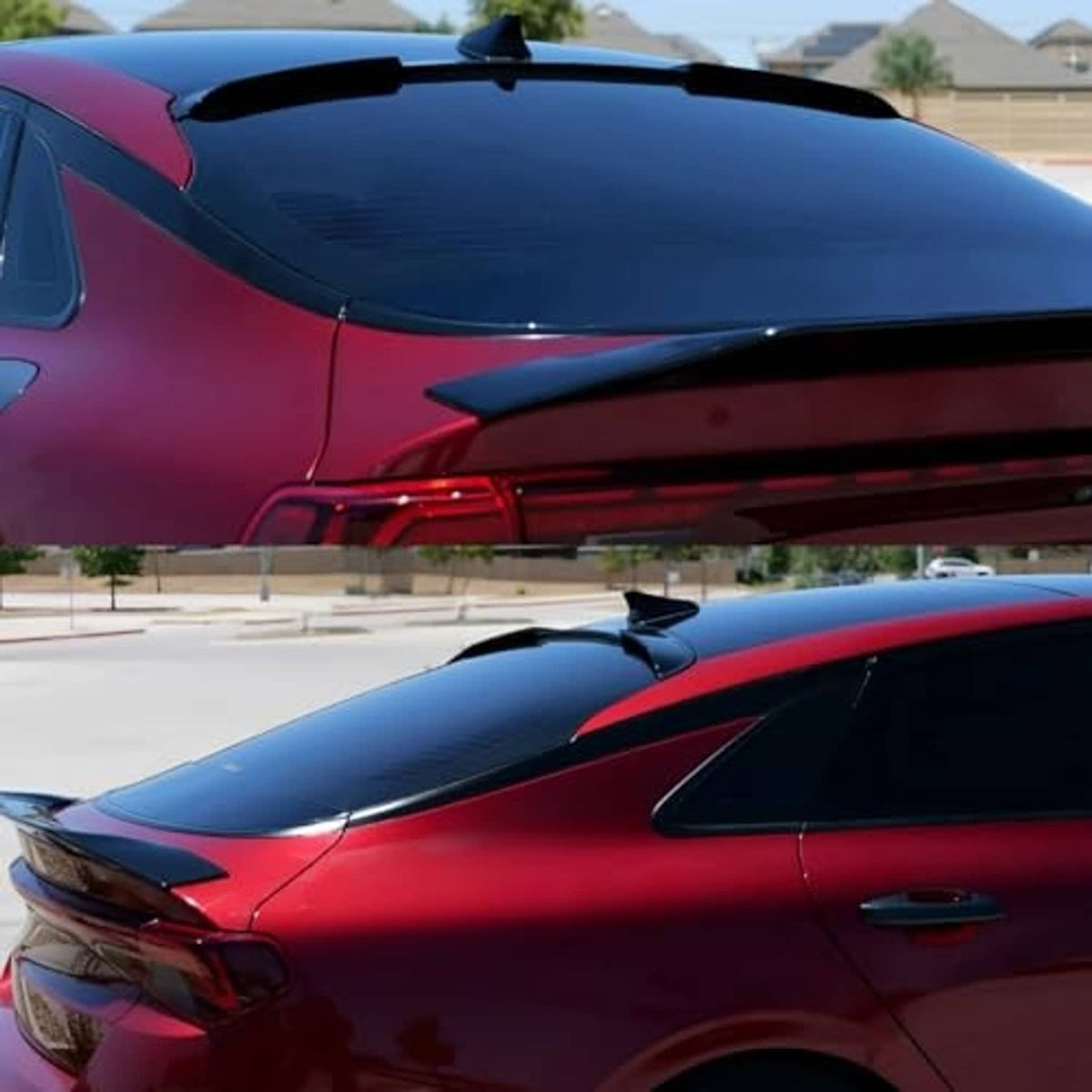 Black duckbill roof spoiler installed near rear window, glossy finish