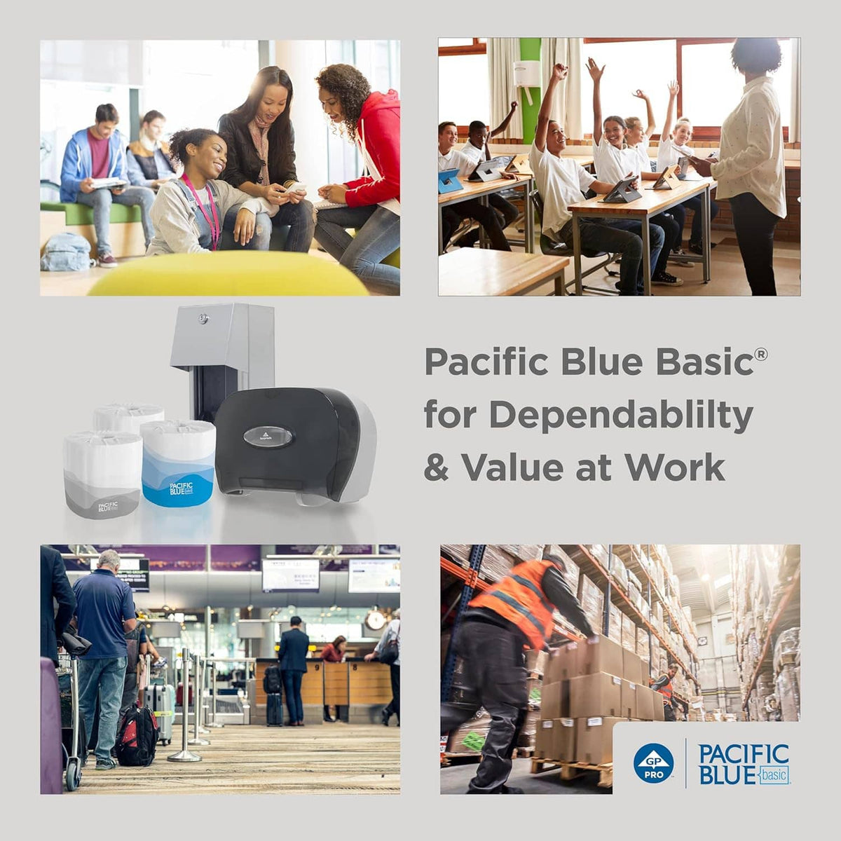 Pacific Blue Basic promotional panel showing toilet paper rolls, case, and workplace images