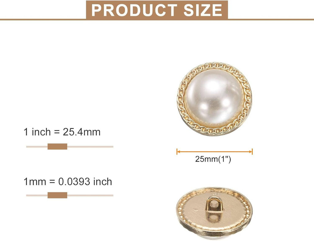 Round pearl-look gold metal sewing button, front view with ridged edge