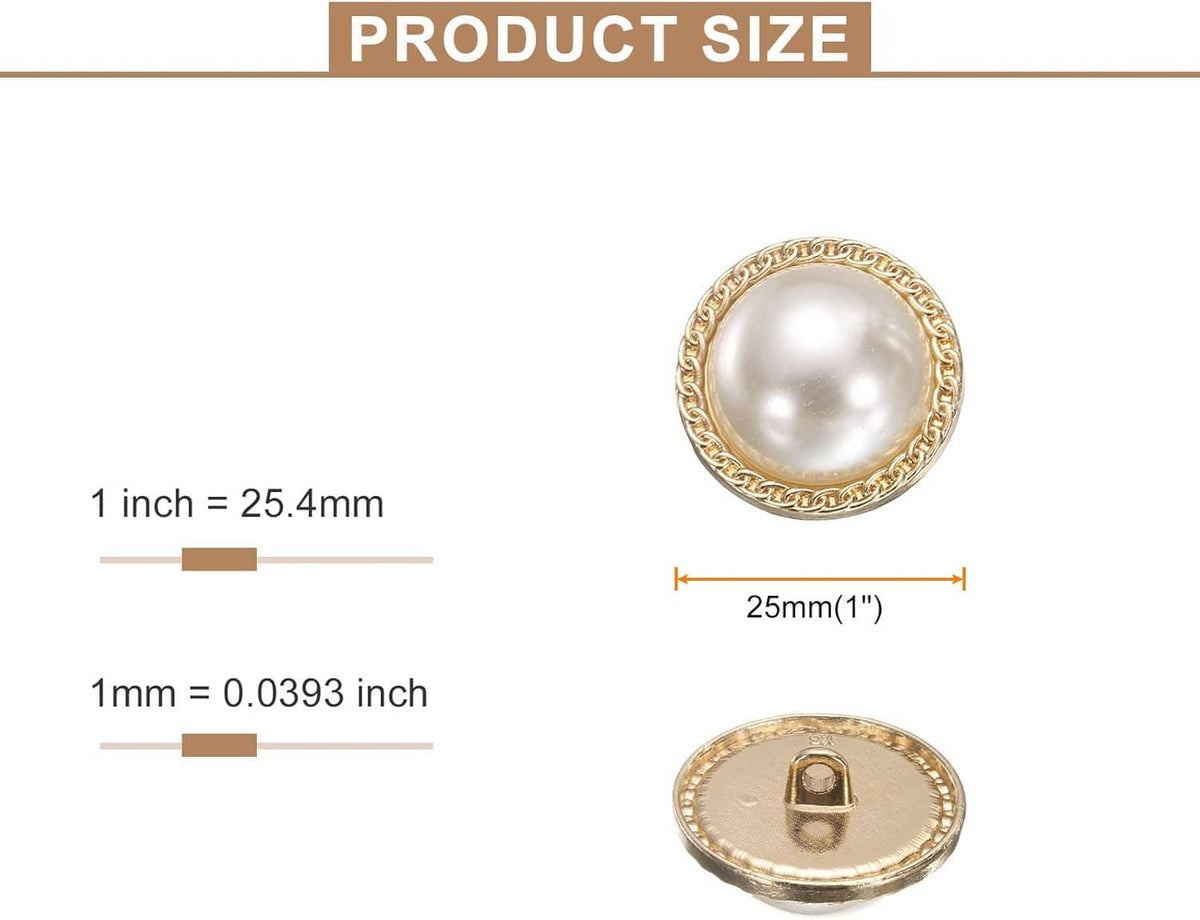 Round pearl-look gold metal sewing button, front view with ridged edge