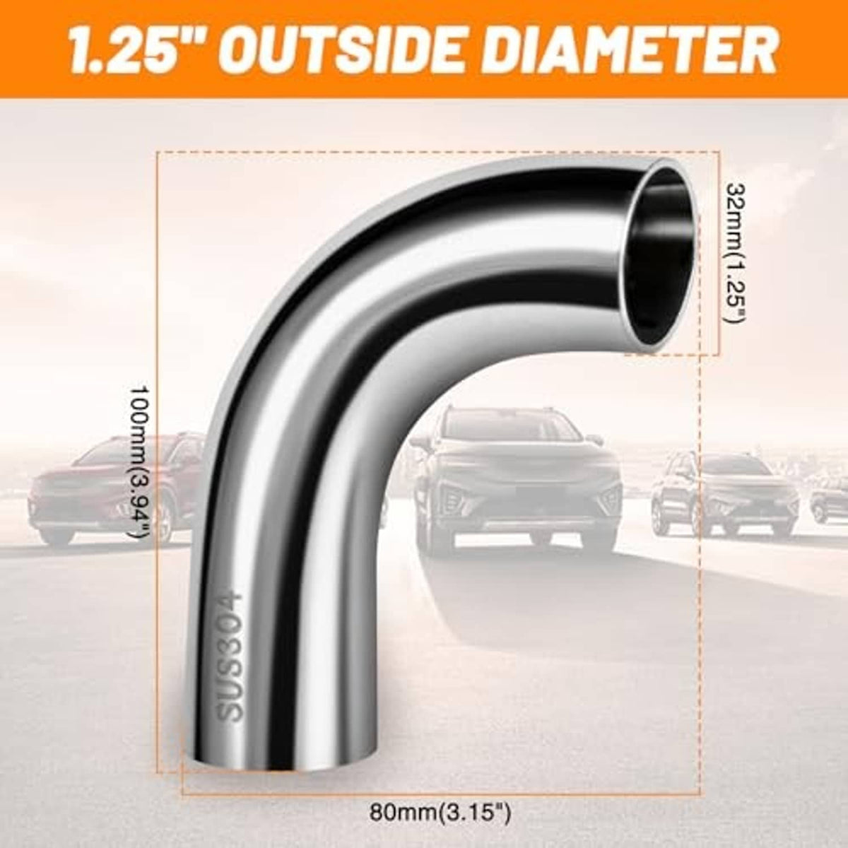 90-degree stainless steel elbow pipe showing 1.25 in outside diameter.