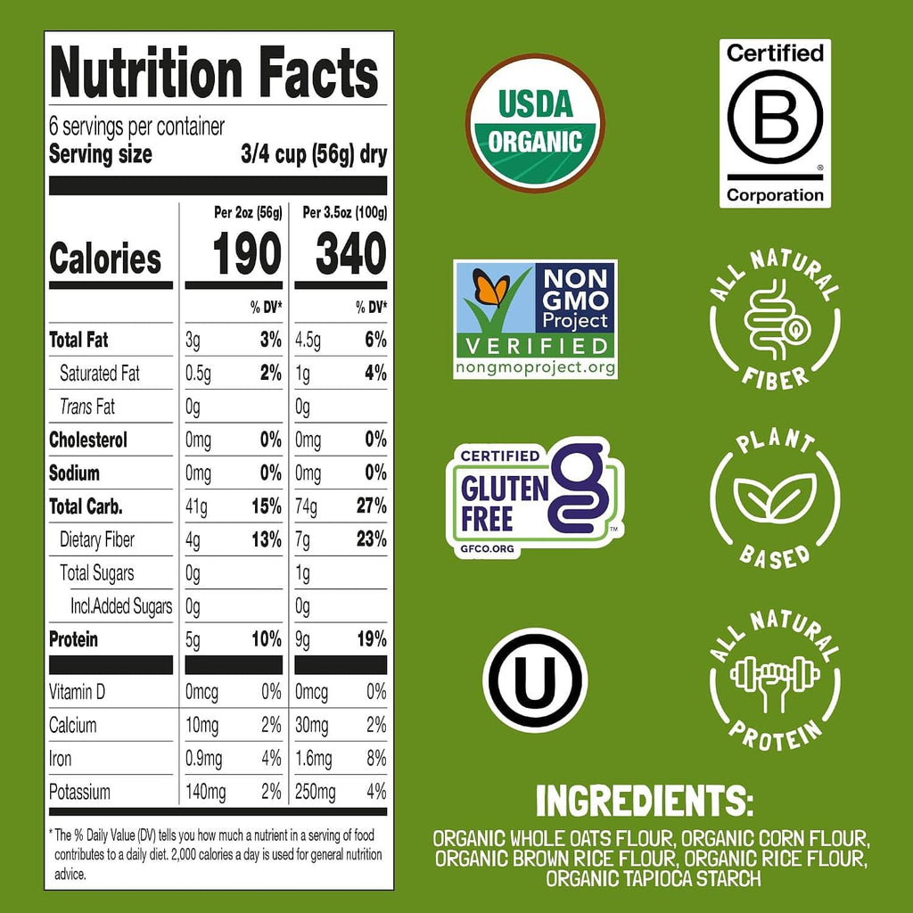 Felicia Oat Penne nutrition facts panel with gluten-free and USDA organic logos
