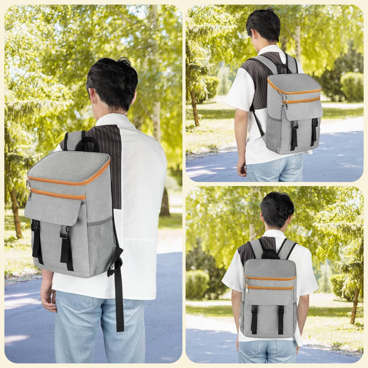 Grey insulated cooler backpack with orange-trimmed lid worn on back