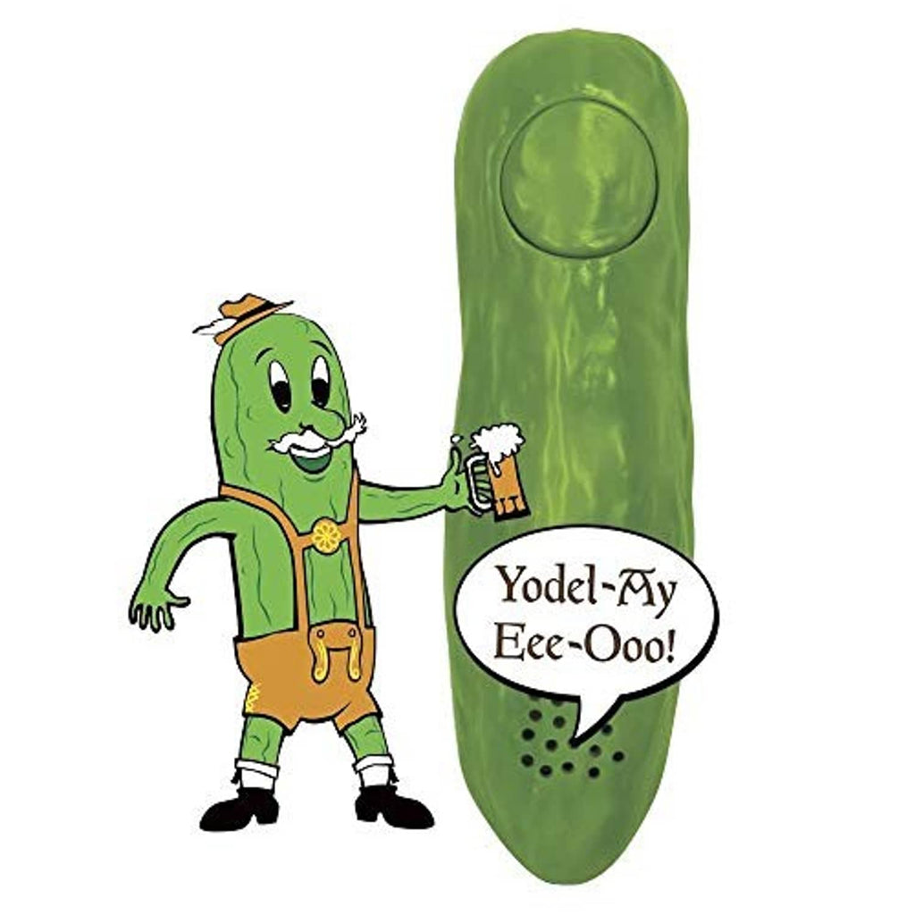 Green pickle-shaped yodeling toy with illustrated character and speech bubble