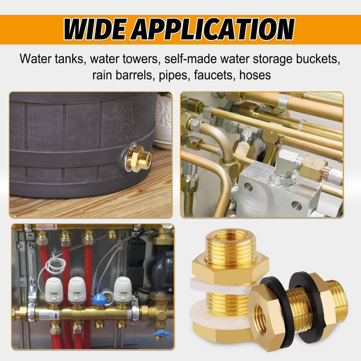 Brass bulkhead fittings with rubber gaskets for plumbing connections, 2-pack