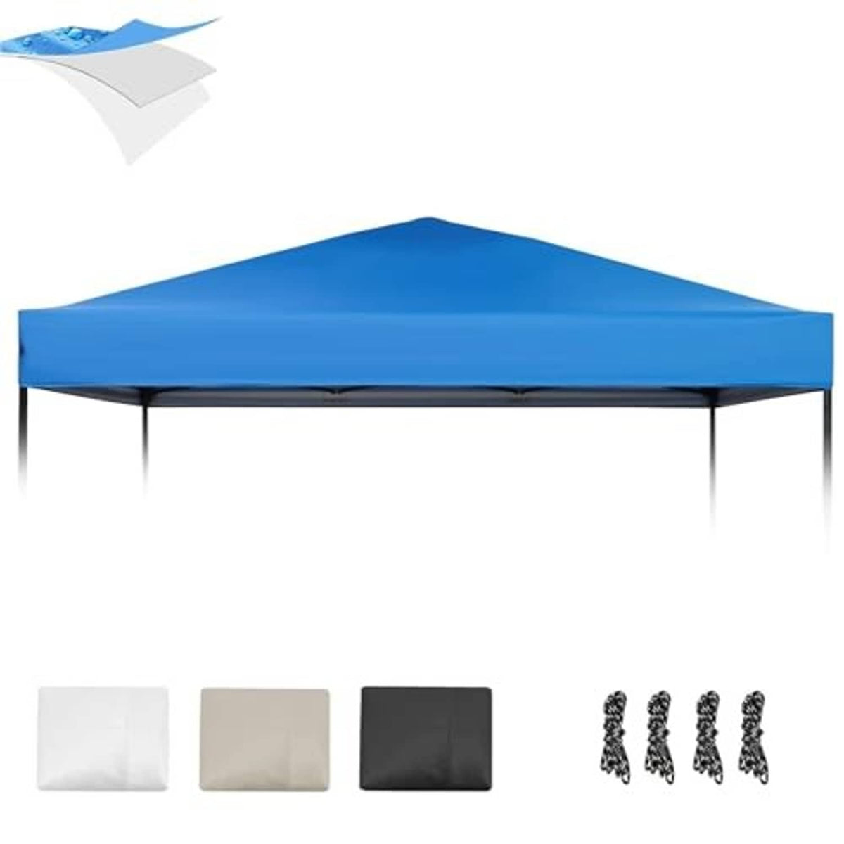 Blue canopy replacement top with bundled ropes and straps