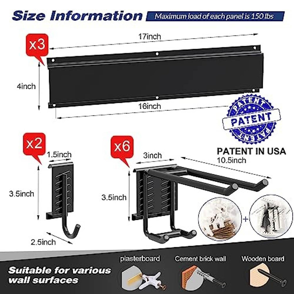 Black wall storage rack panel with multiple angled hook arms for heavy tools