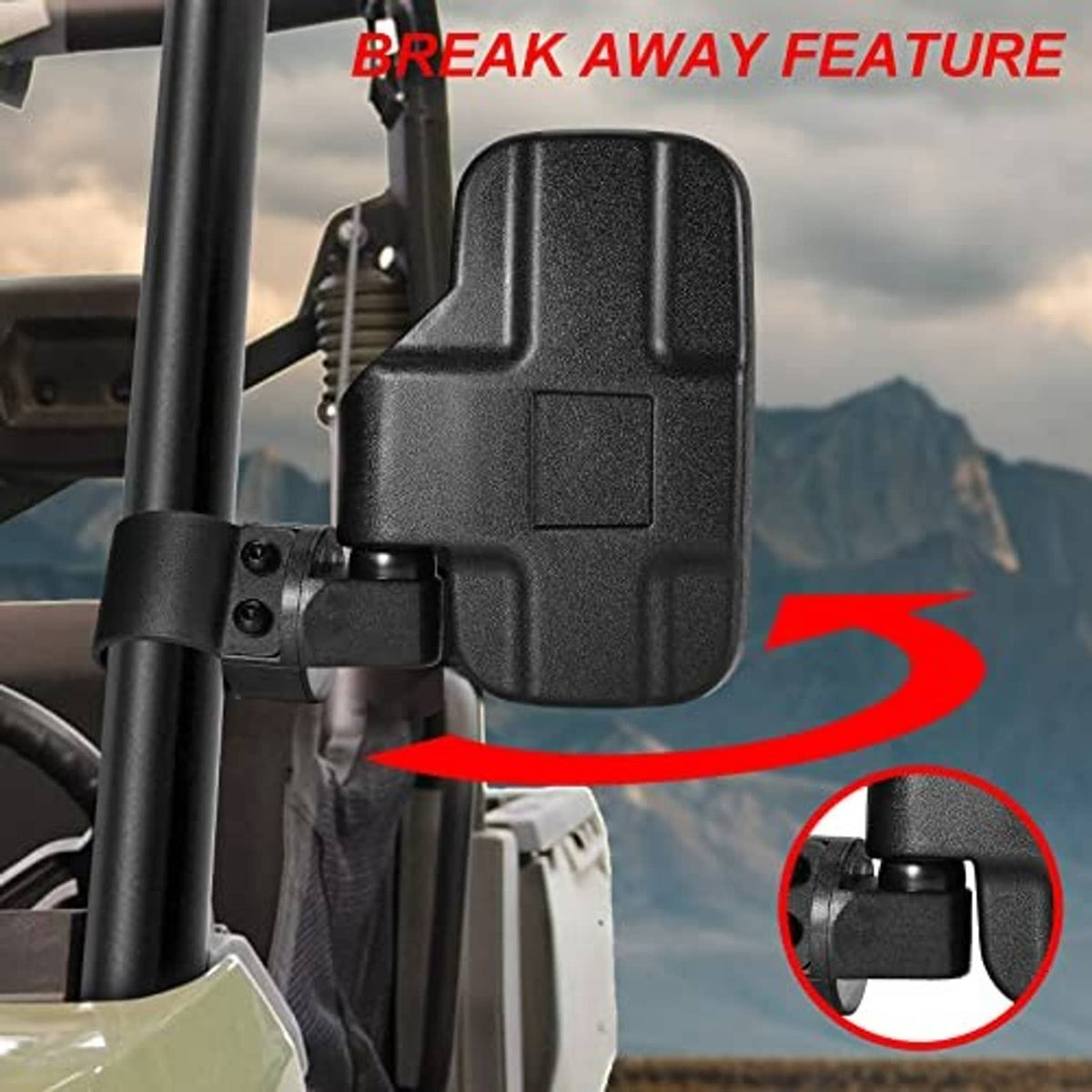 Black UTV center mirror housing on roll bar mount with breakaway feature