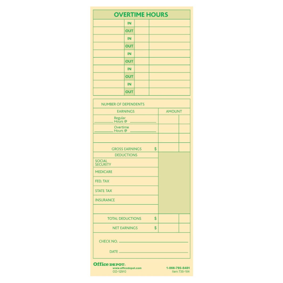 Manila time card form with Overtime Hours section and deductions summary fields
