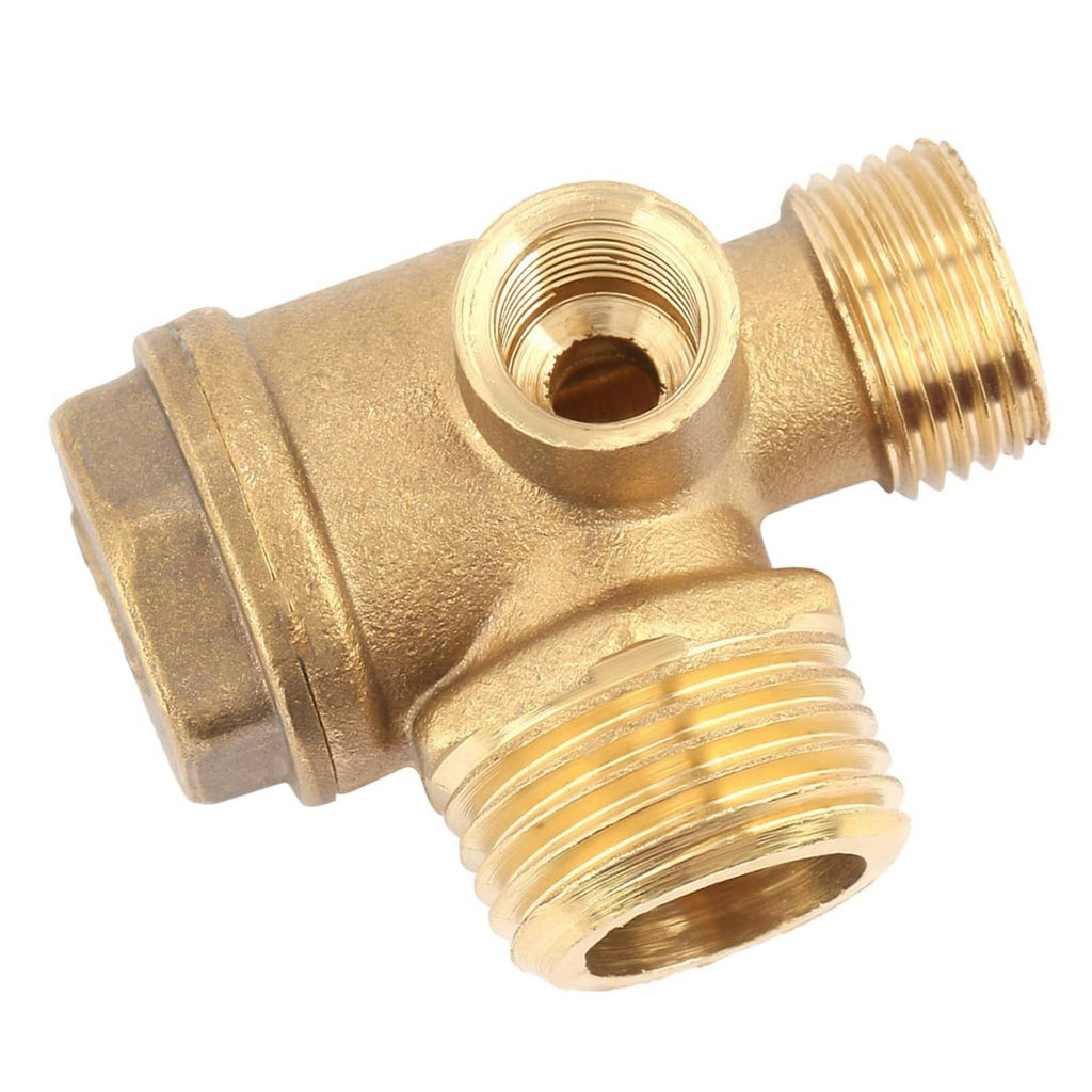 Brass 3-port check valve fitting showing top and side male threaded openings