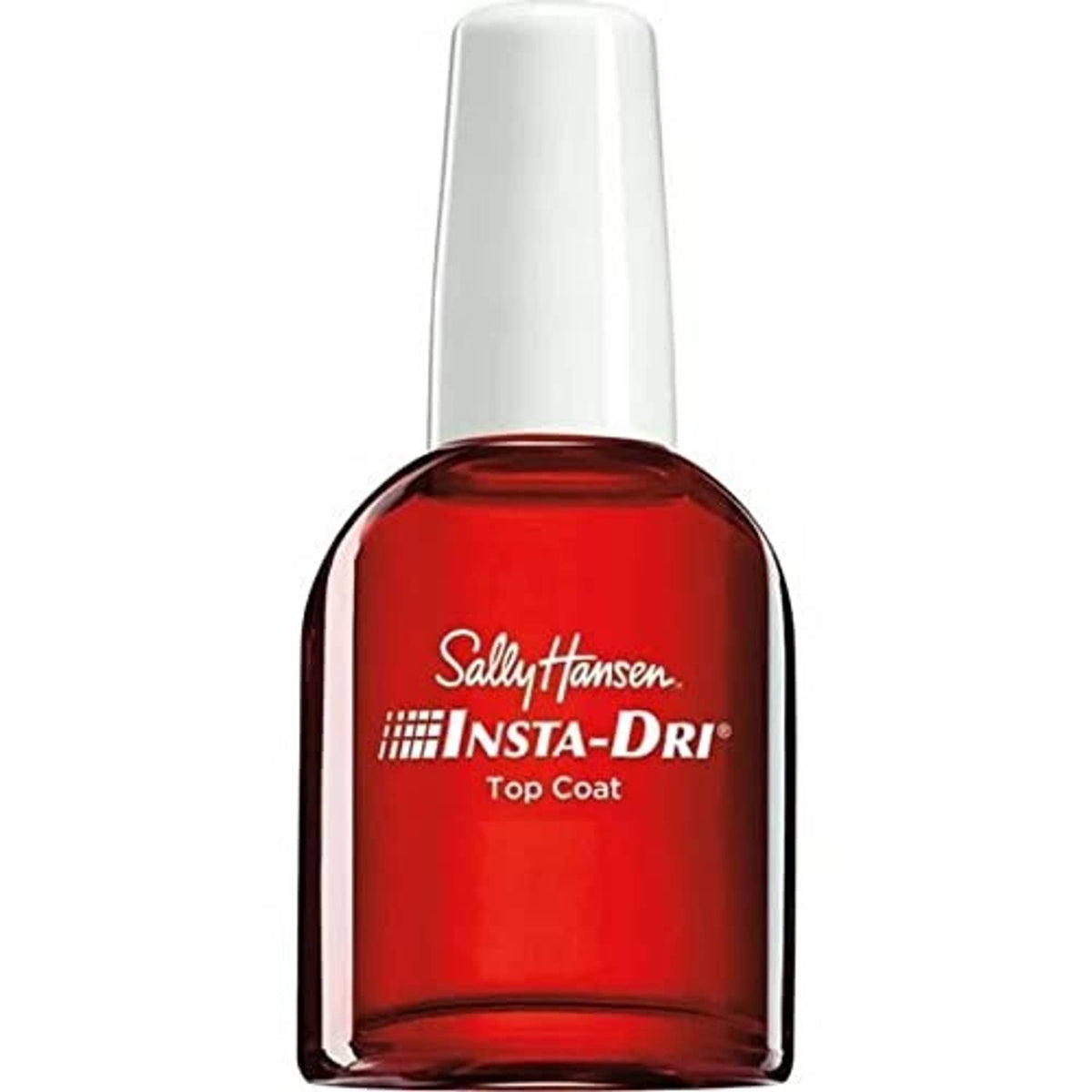 Clear nail top coat bottle with white cap, Sally Hansen Insta-Dri branding