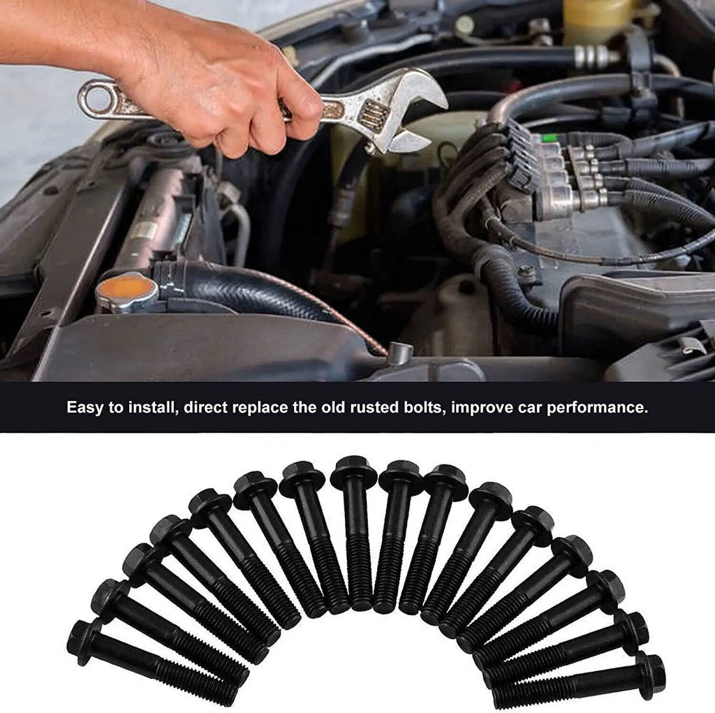 Exhaust manifold bolt kit with threaded bolts; hand uses wrench in engine bay