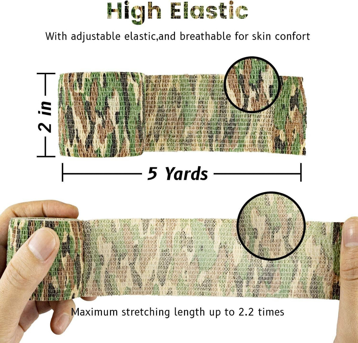 Camouflage elastic athletic tape strip stretched flat, showing textured fabric pattern.