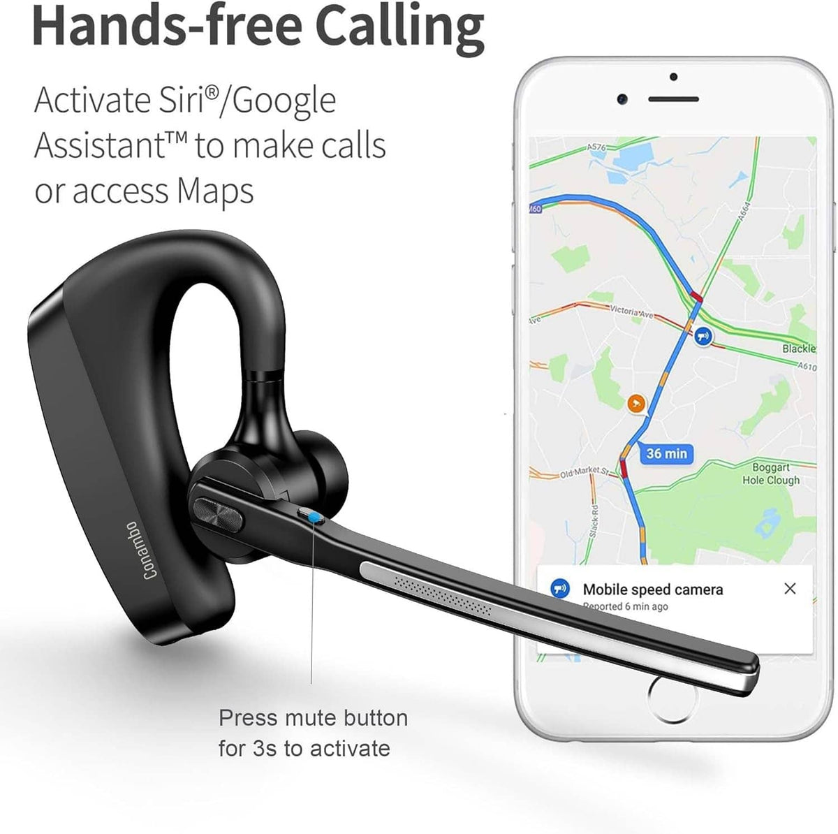Black Bluetooth headset with boom mic beside smartphone map screen