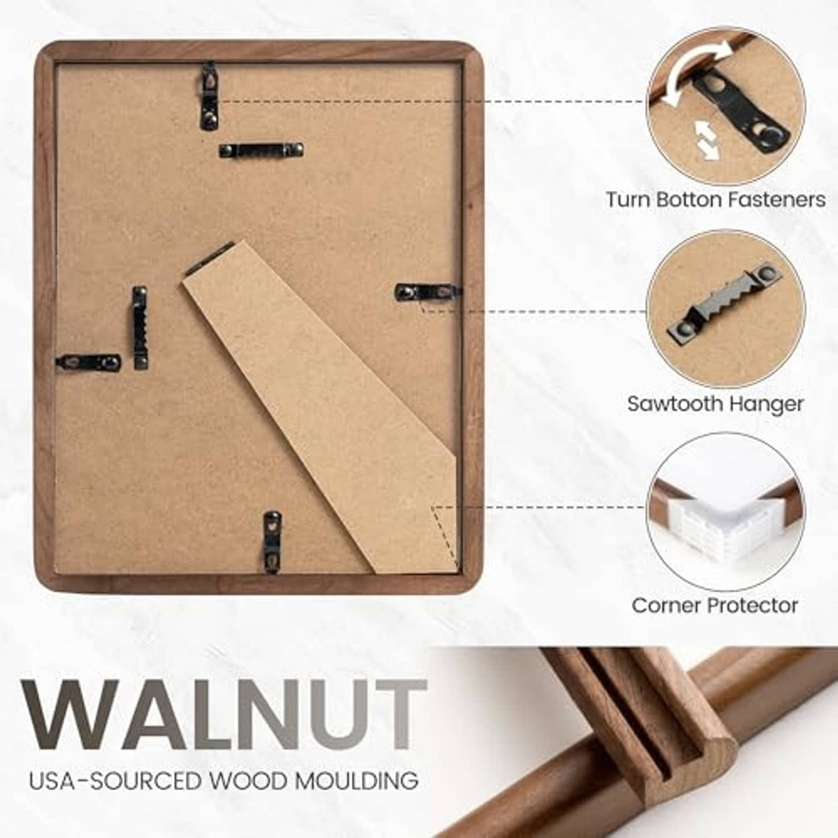 Walnut picture frame back with corner protectors and sawtooth hanger hardware