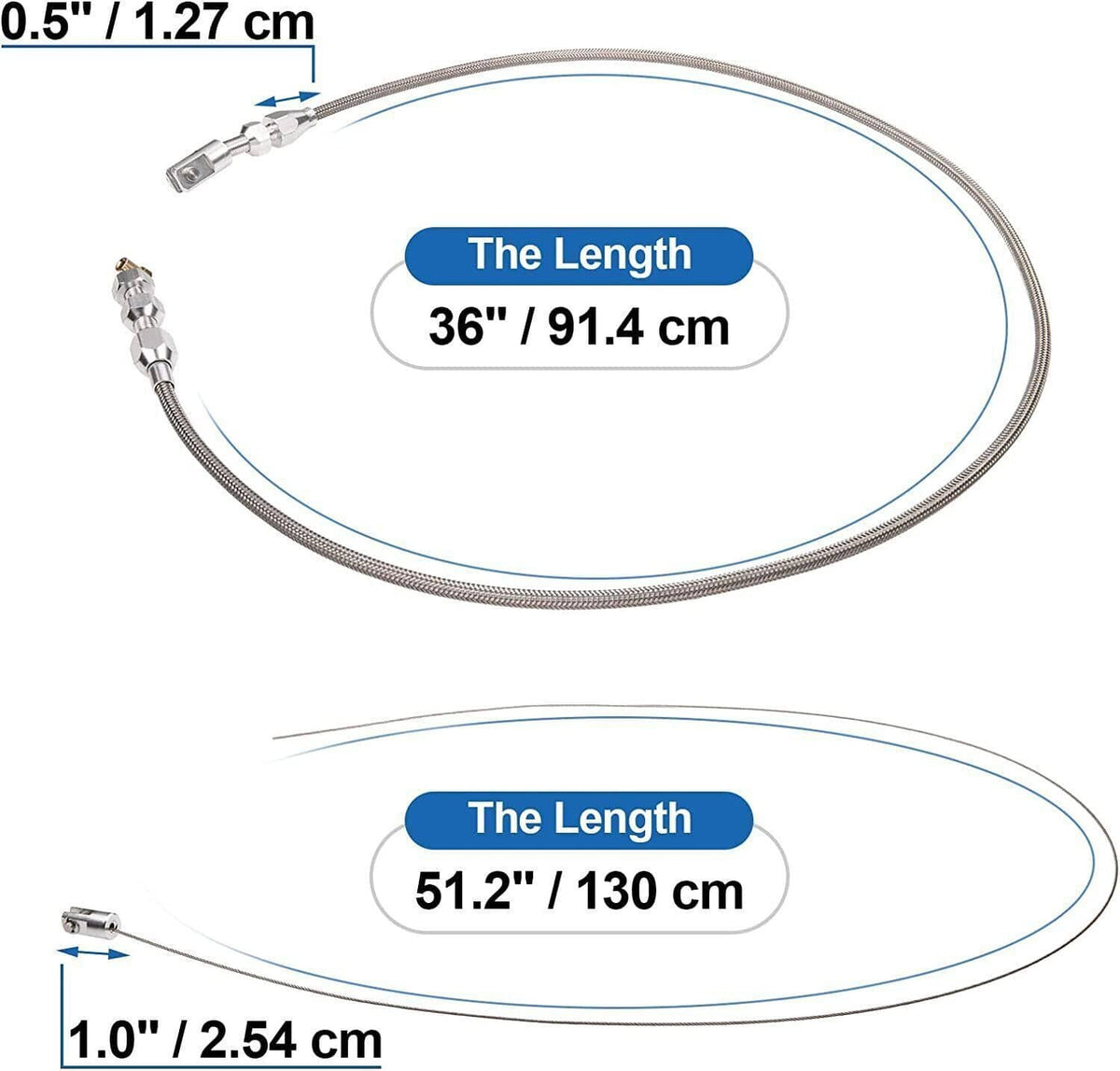 Throttle cable length options shown with 36 in / 91.4 cm and 51.2 in / 130 cm
