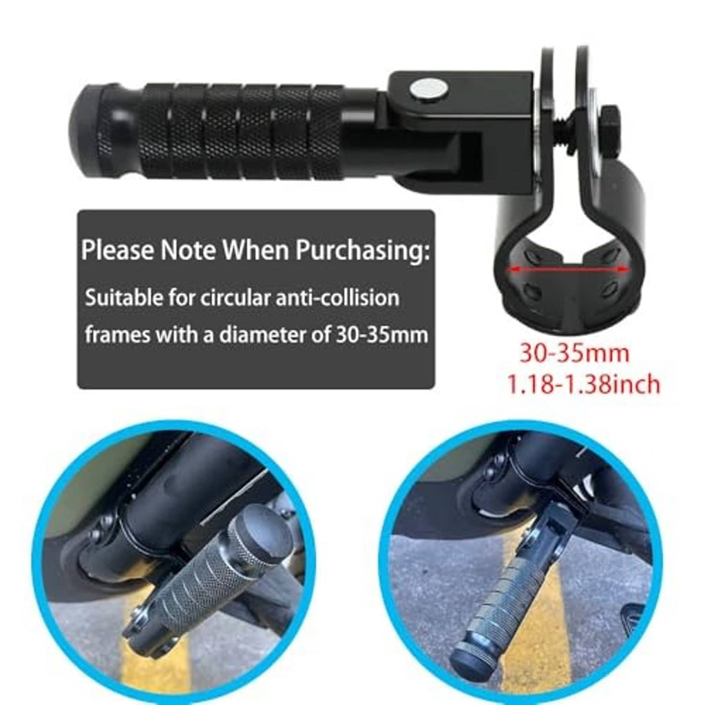 Foldable foot pegs, black textured handles with clamp mount attached to bike frame