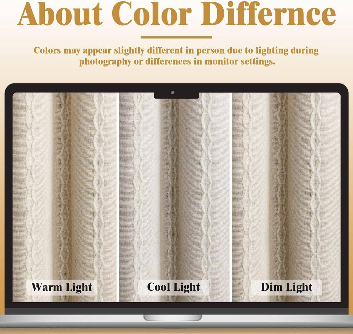 Beige curtain fabric swatch panels with braided texture, showing light color variations
