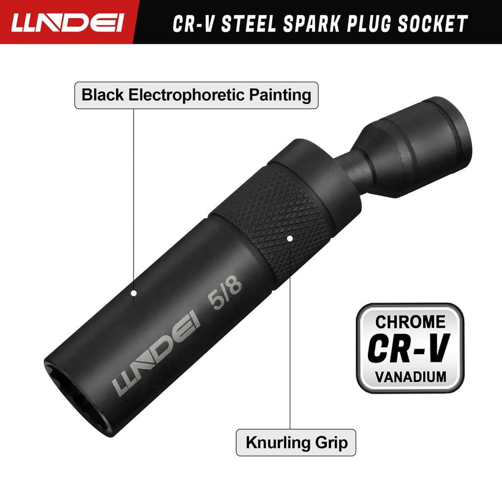 Black CR-V steel spark plug socket with knurled grip, 3/8-inch drive