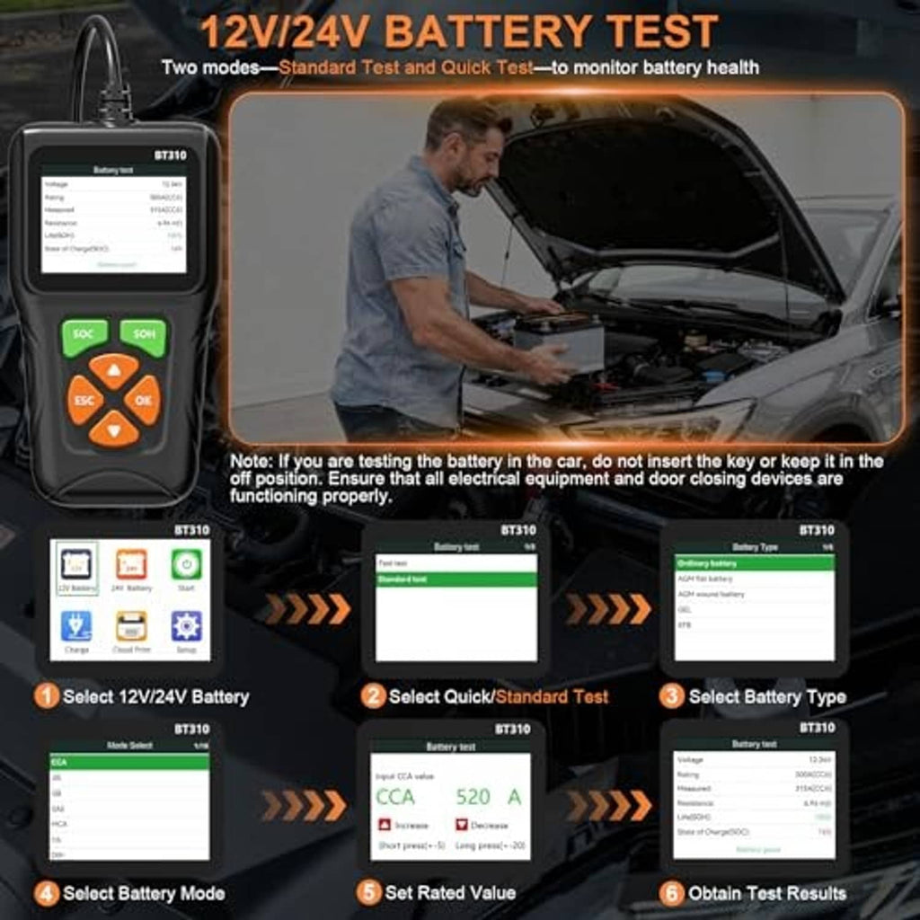 12V/24V battery tester showing test selection screen with SOC/SOH buttons.