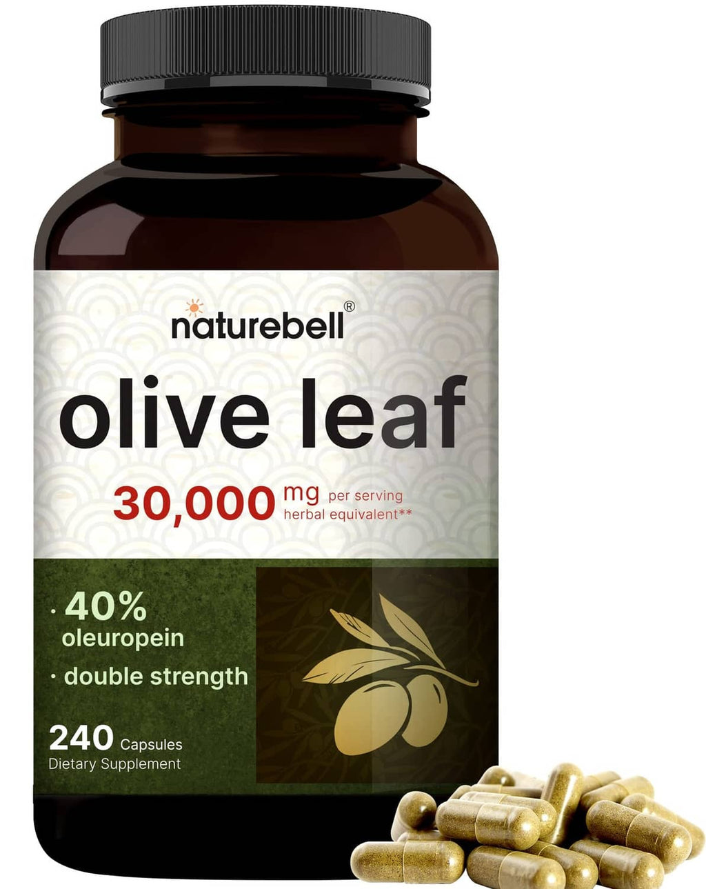 Olive leaf extract supplement bottle, 240 capsules, 40% oleuropein, 30,000 mg