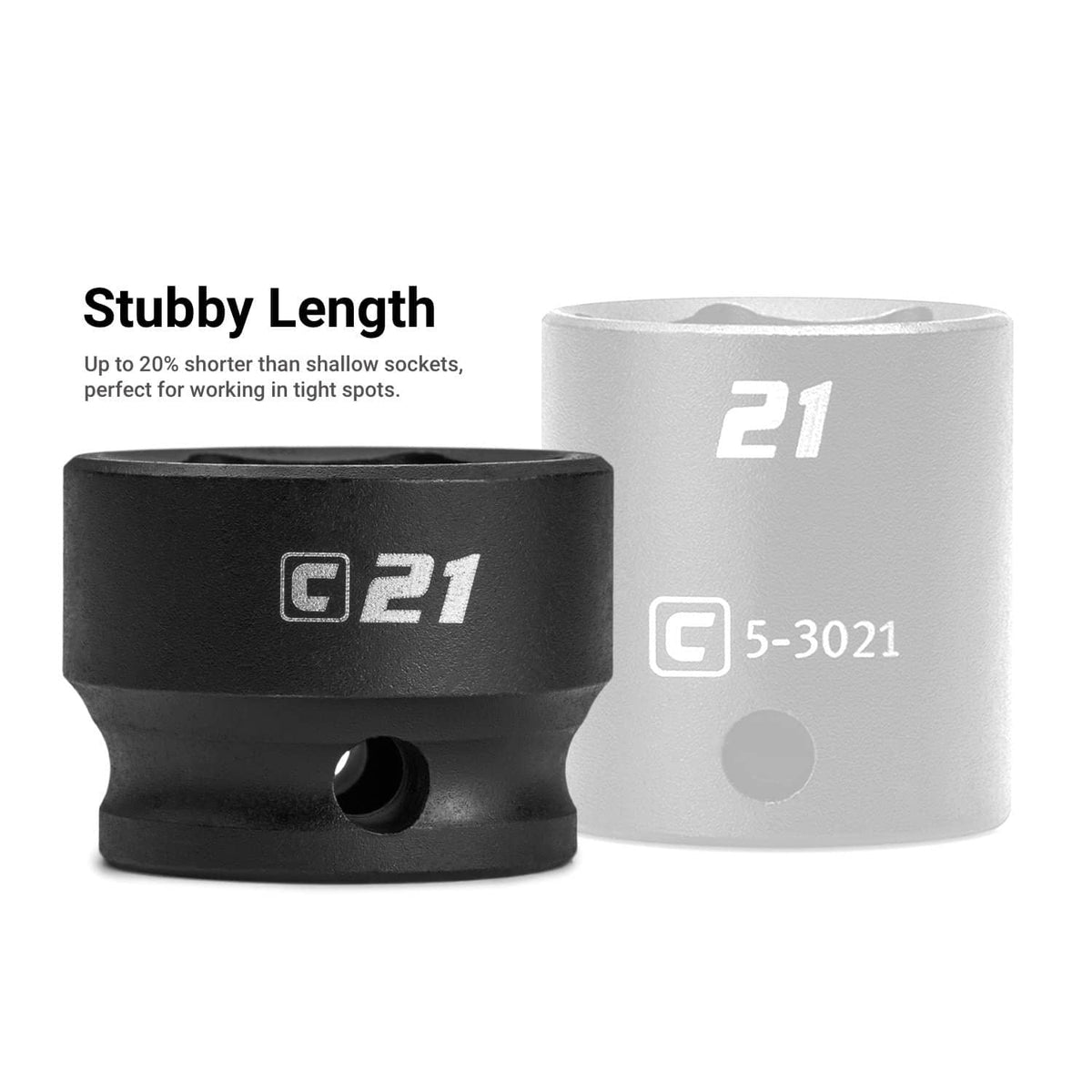 Stubby 6-point impact socket showing short length, black and light-colored versions