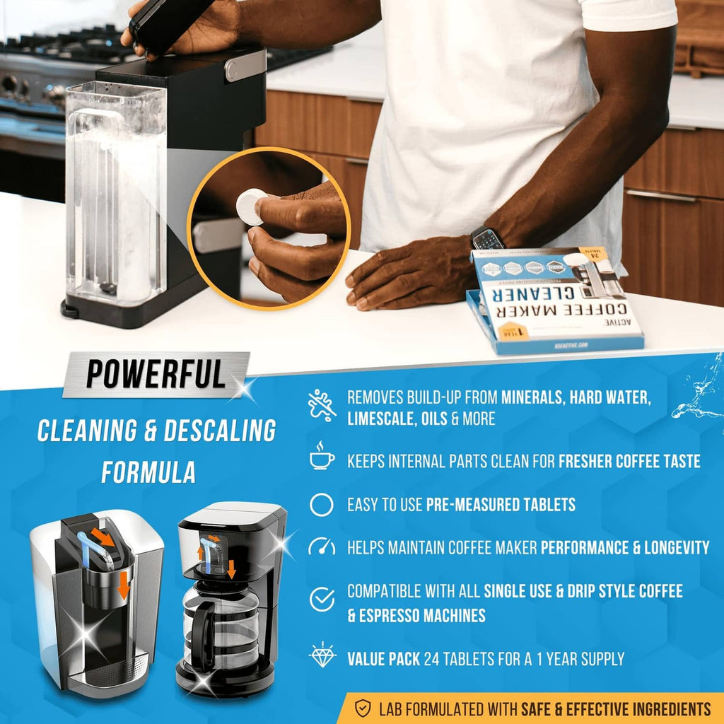 Hand dropping white coffee maker descaling tablet into water reservoir