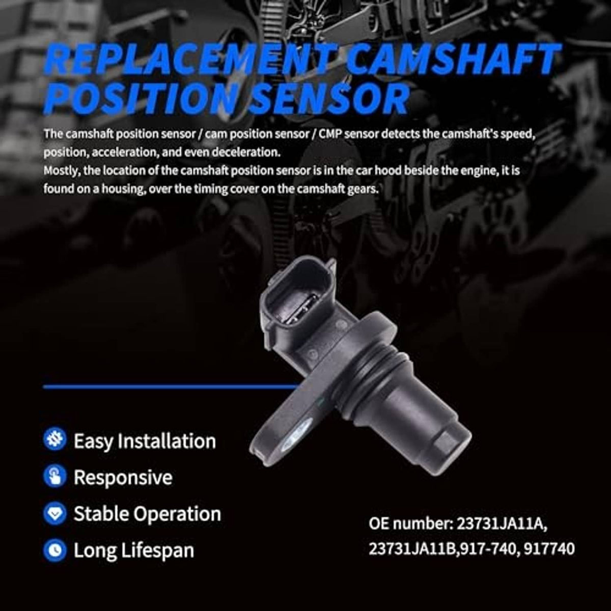Camshaft position sensor with mounting bracket and two-pin electrical connector