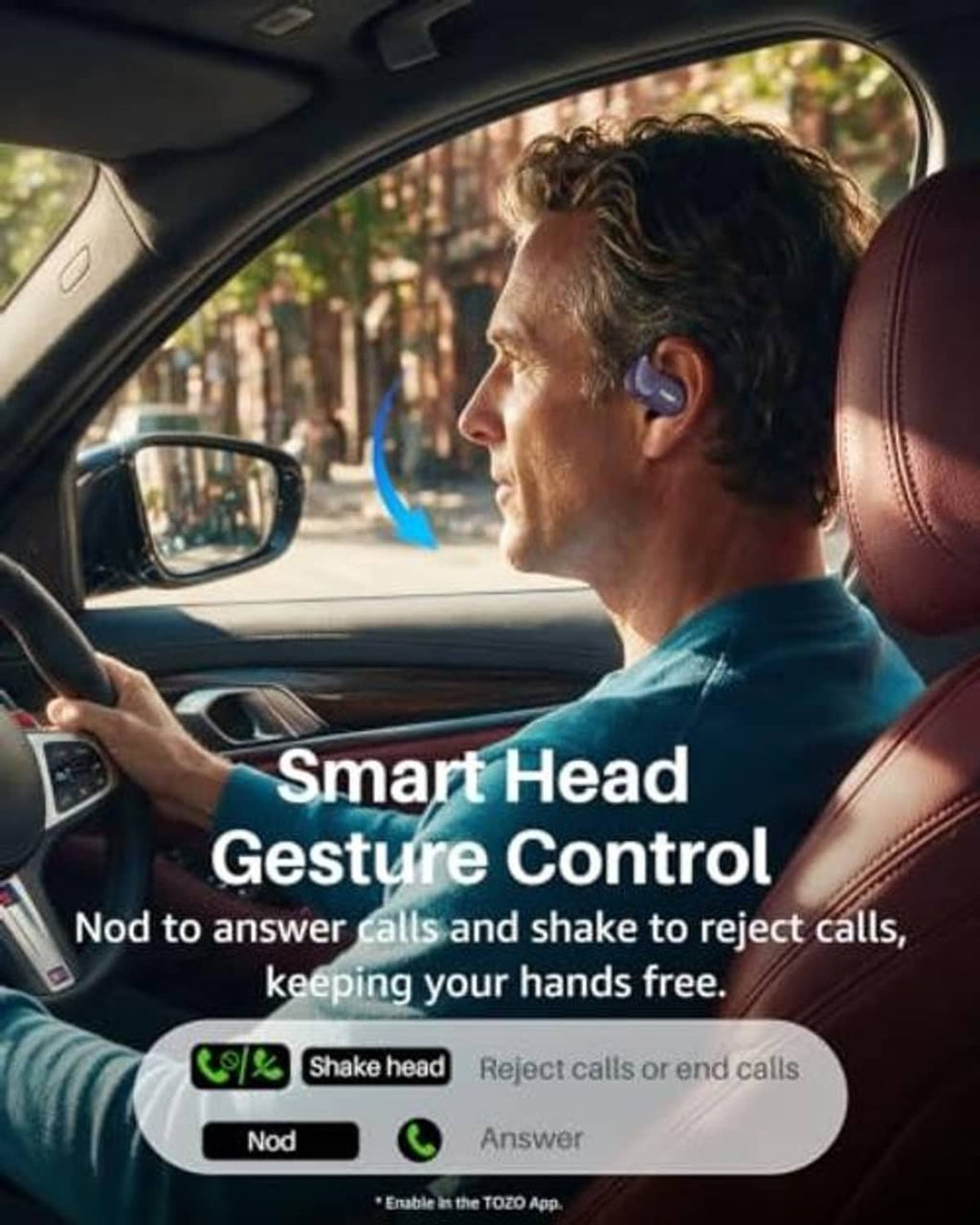 Black open-ear earbuds worn by driver, curved open-ear earhook design
