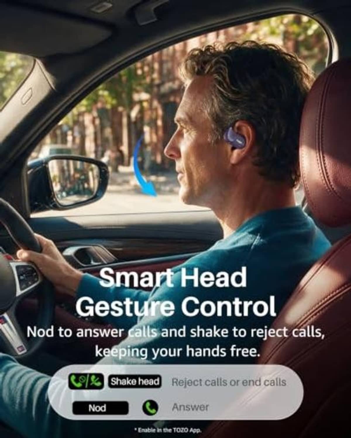 Black open-ear earbuds worn by driver, curved open-ear earhook design