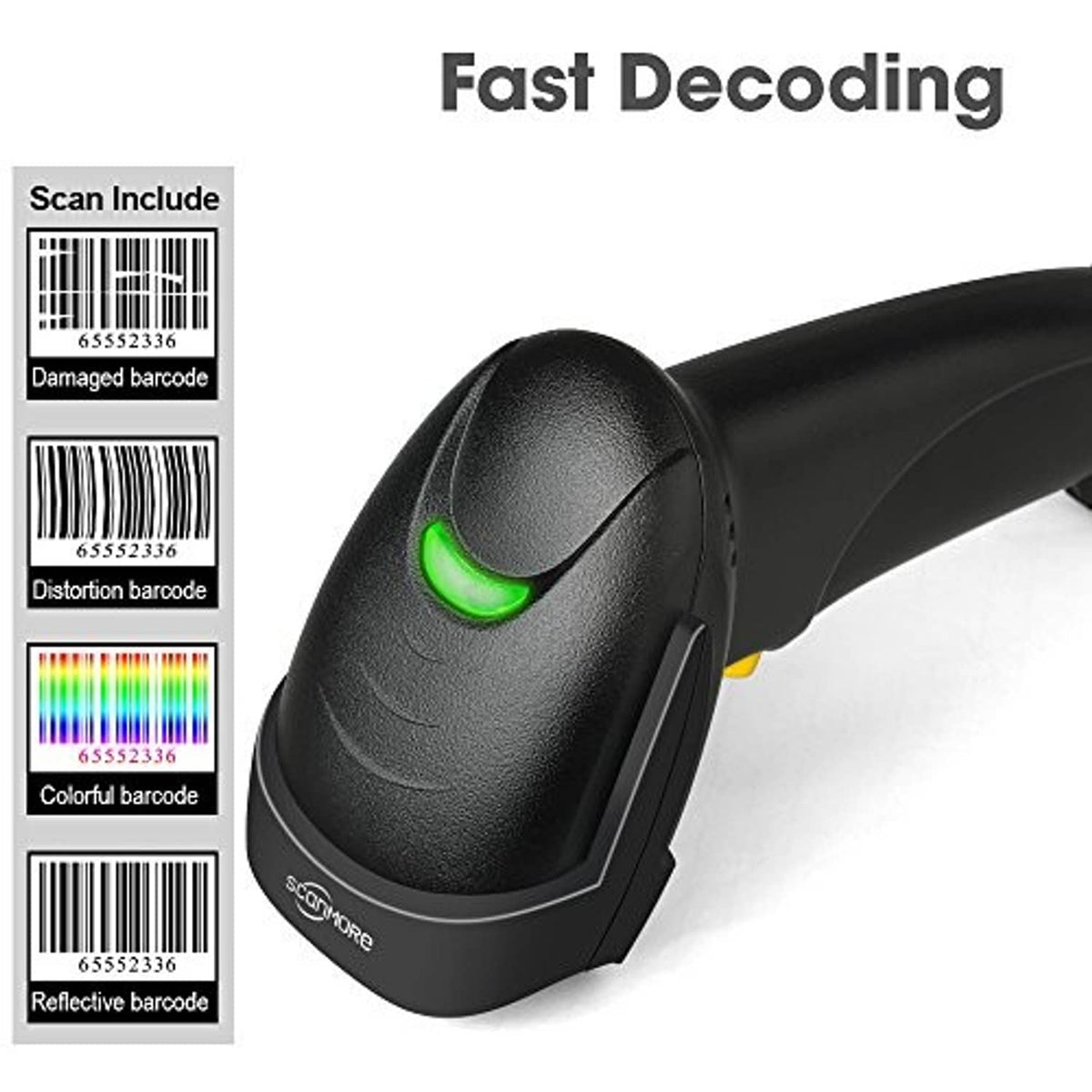 Wired handheld barcode scanner head with green scan indicator light
