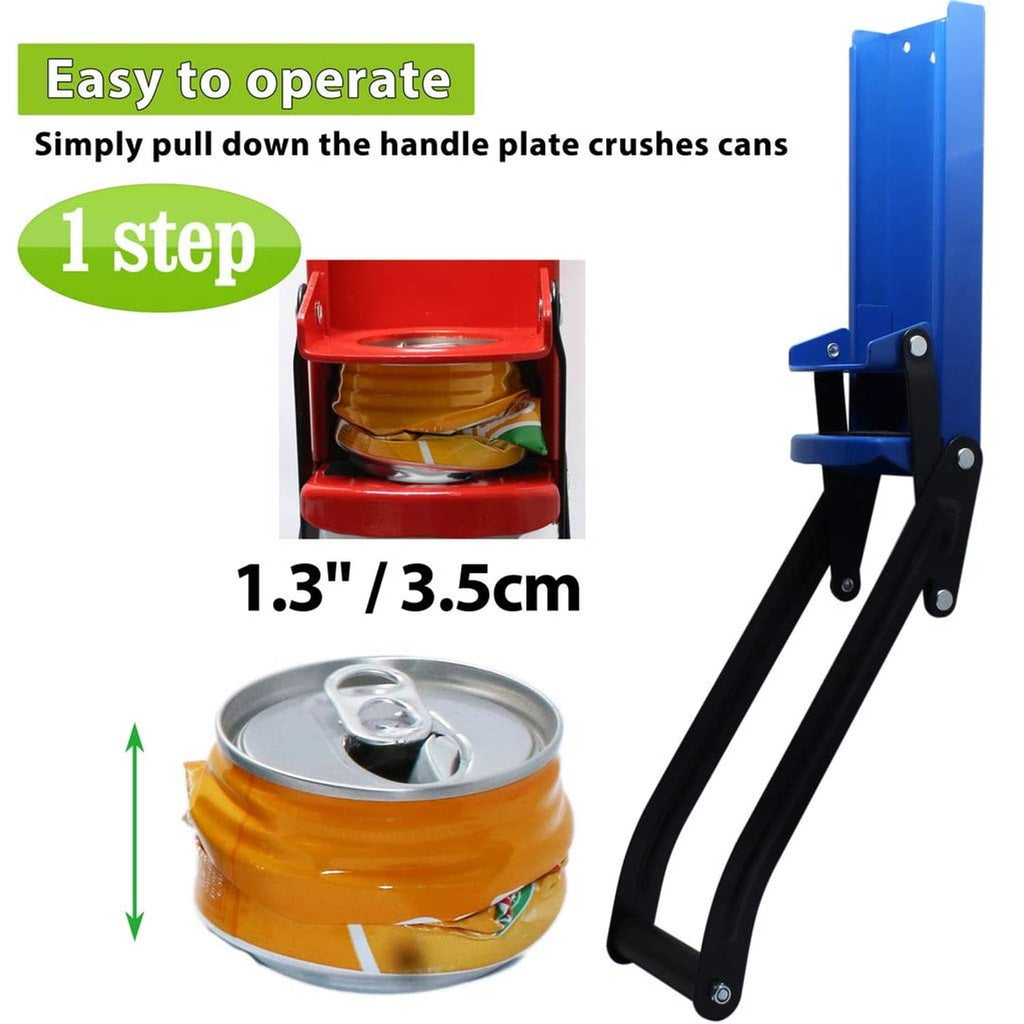 Wall-mounted can crusher with black pull handle and blue hopper, simple one-step use